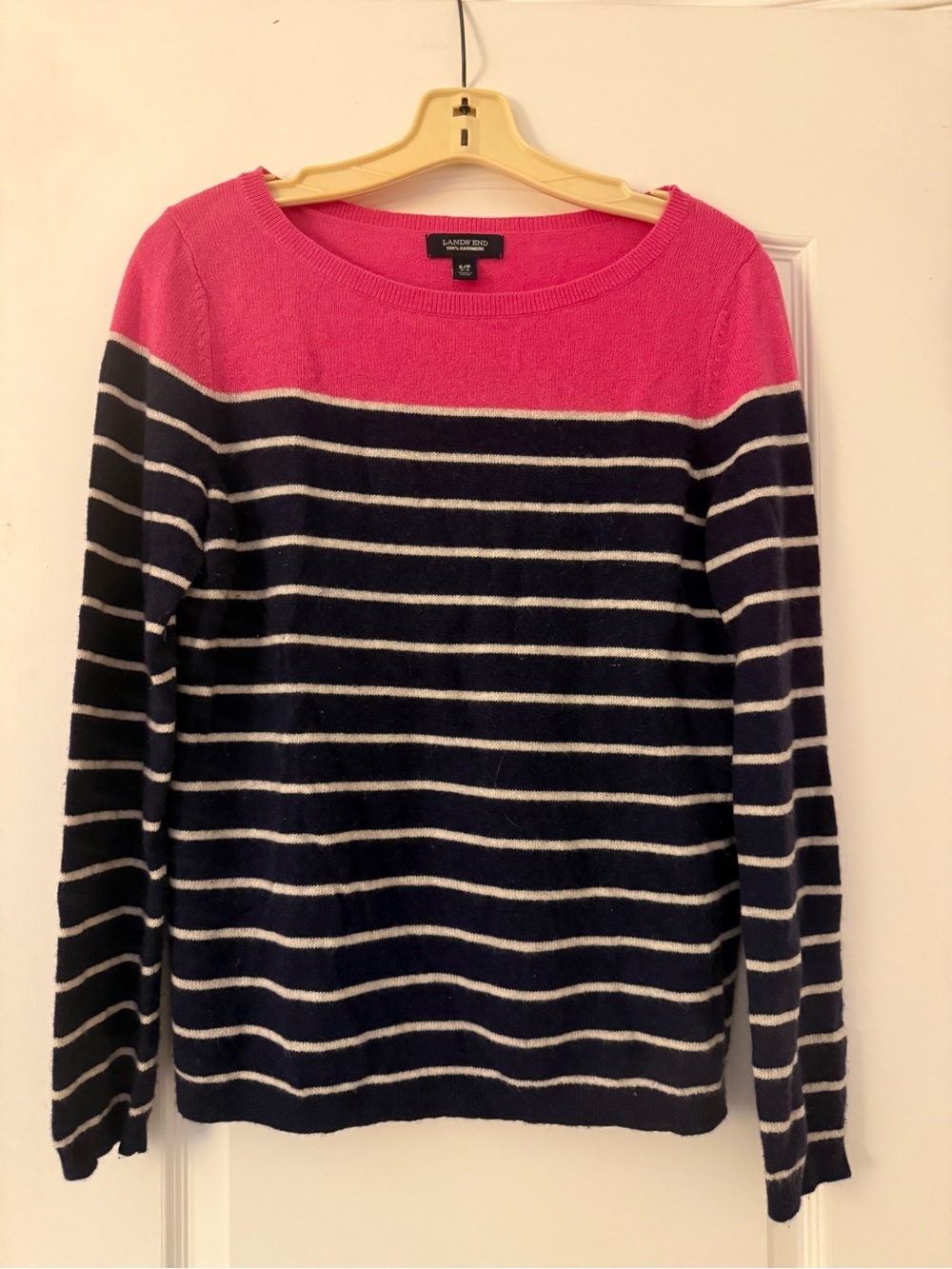 Lands' End Pink and Navy Striped Scoopneck Cashmere Sweater Small